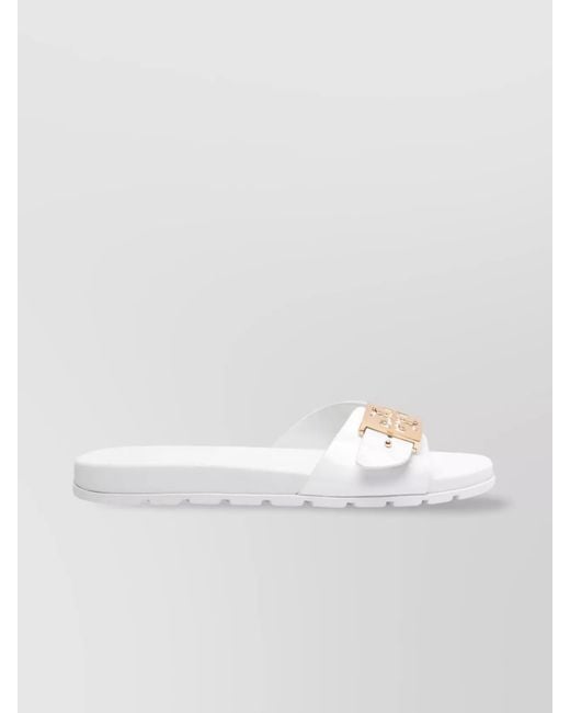Tory Burch Women's White Slide Sandals With Metallic Buckle Accent