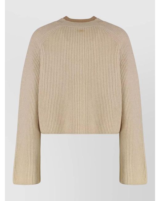Max Mara Natural Cashmere Wool Ribbed Cropped Long-Sleeve Round-Neck Jumper