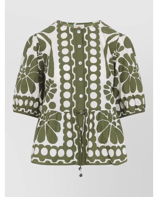 Farm Rio Green Palermo Shirt Drawstring Waist Peplum Puff