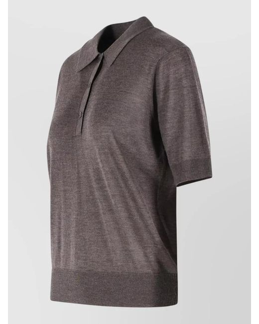Loulou de Saison Gray Cashmere Ribbed Short-Sleeve Polo Top