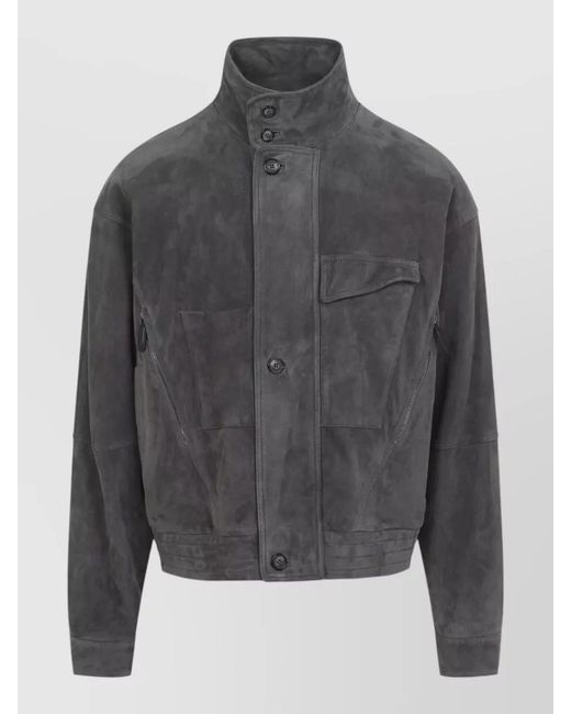 Giorgio Armani Gray Suede Leather High-Neck Long-Sleeve Blouson Jacket for men
