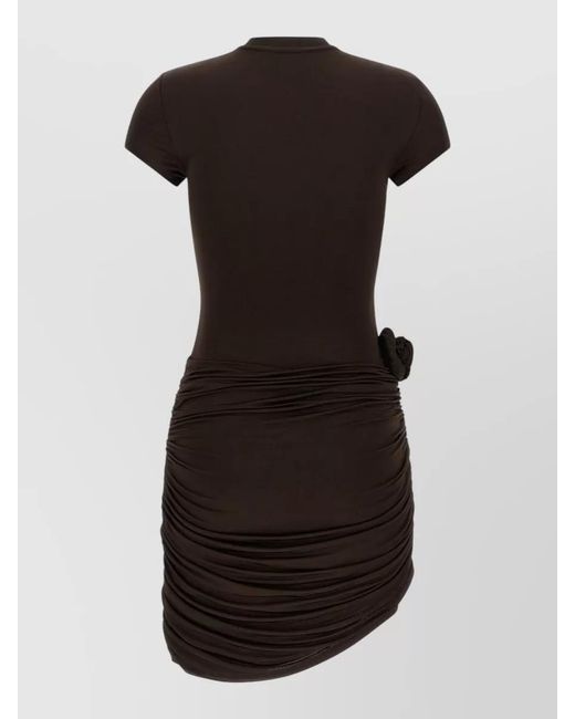 ROTATE BIRGER CHRISTENSEN Black Dress Short Sleeves Round Neckline Ruching Flower