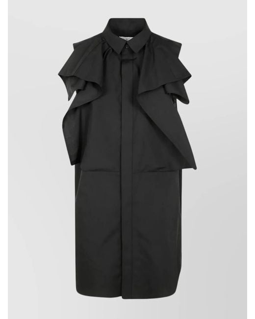Sacai Black Poplin Dress With Cap Sleeves And Ruffled Detail