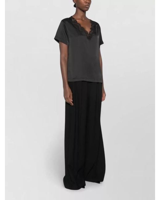 ERMANNO FIRENZE Black Satin Loungewear Top Short Sleeve Belt
