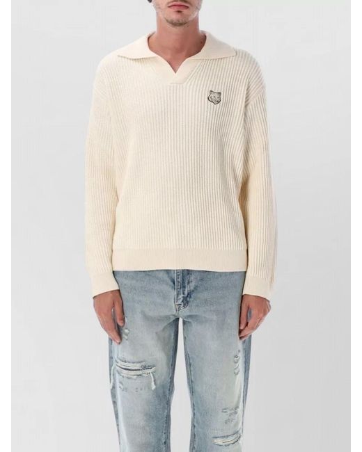 Maison Kitsuné Blue Cotton Ribbed Long-Sleeve Polo Jumper for men