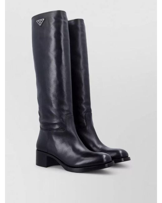 Prada Blue Tall Leather Logo Boots Low Heel