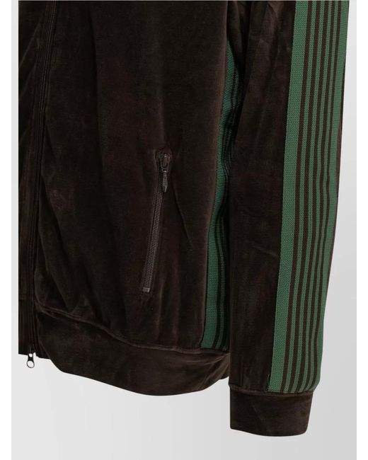 Needles Black Track Zip Sweatshirt Ribbed Cuffs Pockets Stripes for men