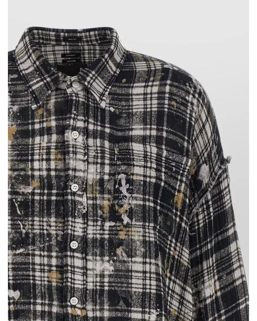 R13 Black Plaid Shirt Long Sleeves Frayed Hem