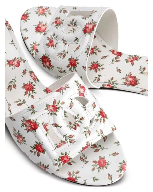 Dolce & Gabbana White Leather Floral Print Mules