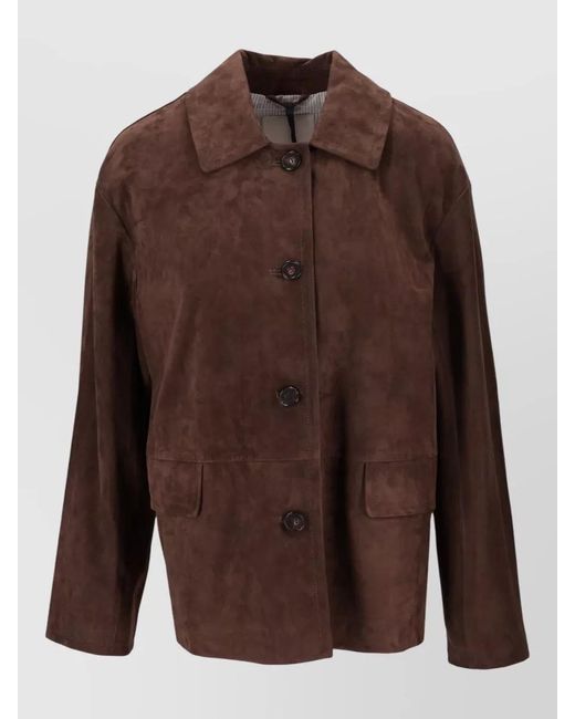 Max Mara Brown Leather Jacket Long Sleeves Notched Collar