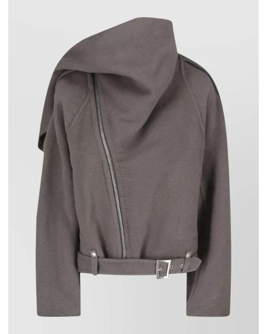 Rick Owens Gray Asymmetric High Collar Coat Belt Buckle