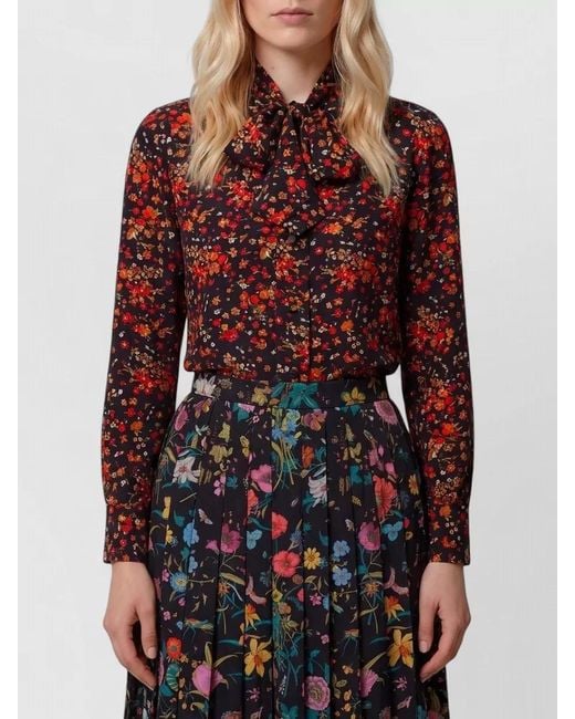 Gucci Red Silk Floral-Print Tie-Neck Long-Sleeve Shirt
