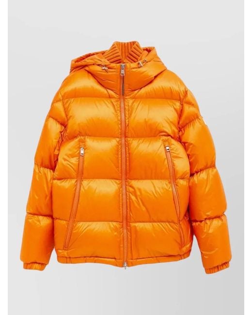 Moncler Orange Hooded Quilted Jacket Side Zip Pockets for men