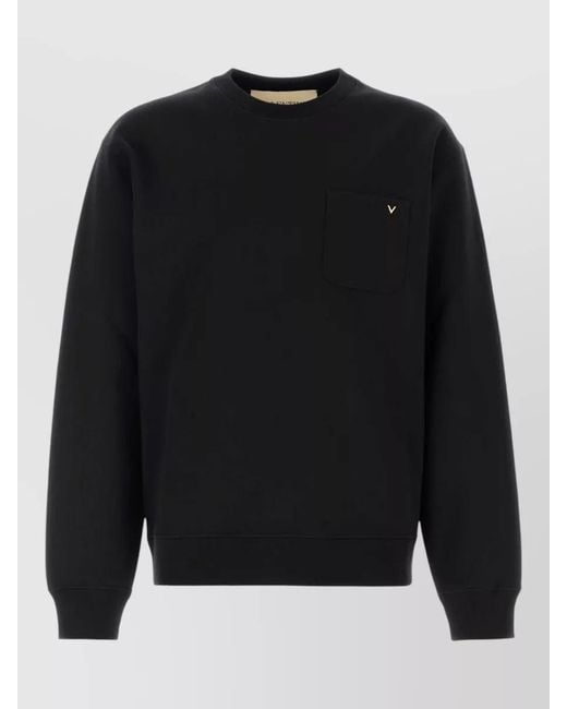 Valentino Garavani Black Cotton Sweatshirt Chest Pocket Ribbed Cuffs Hem for men