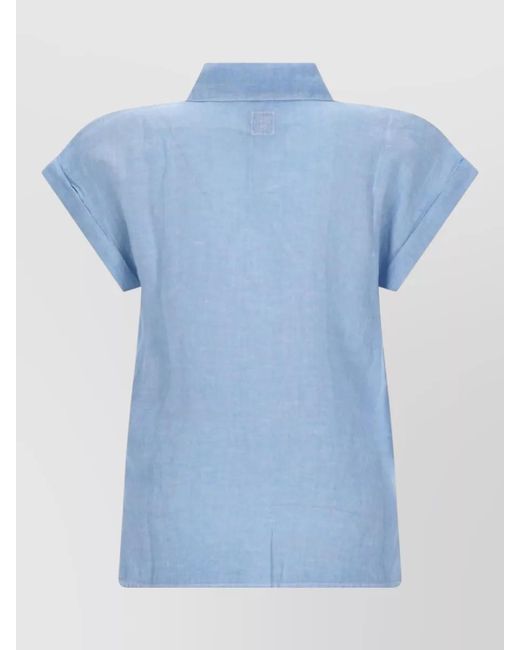 120% Lino Blue Collared Shirt Short Sleeves Tie Front