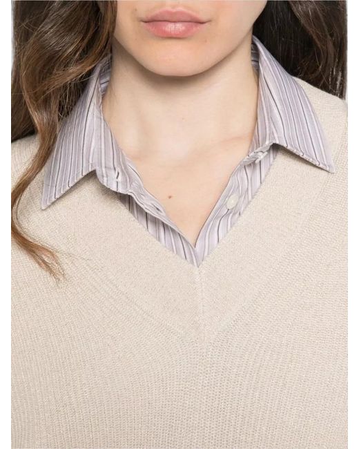 Brunello Cucinelli Natural Silk Blend V Neck Long Sleeve Knit
