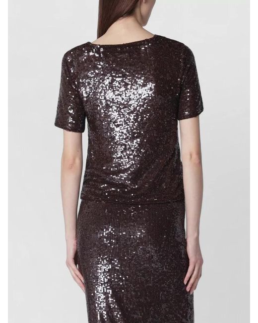 P.A.R.O.S.H. Black Round Neck Sequin Top Short Sleeves
