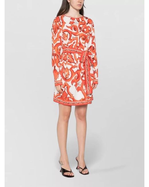 Dolce & Gabbana Red Maiolica Silk Dress Belted Waist