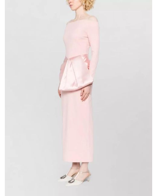 Solace London Pink Rhianne Off Shoulder Satin Bow Midi Dress