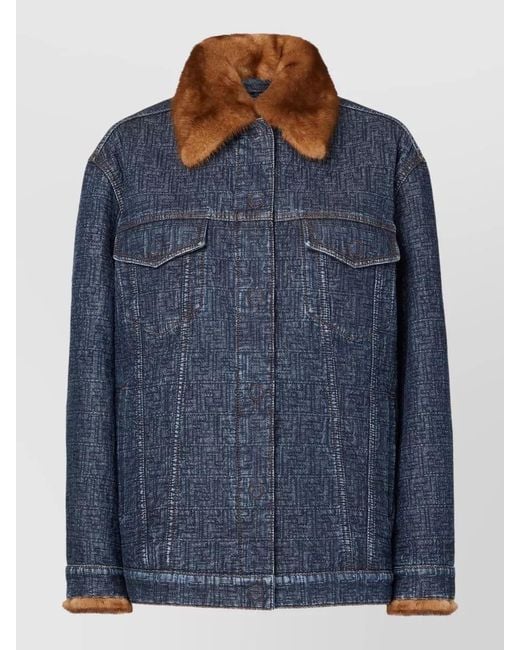 Fendi Blue Denim Jacket With Faux Fur Collar