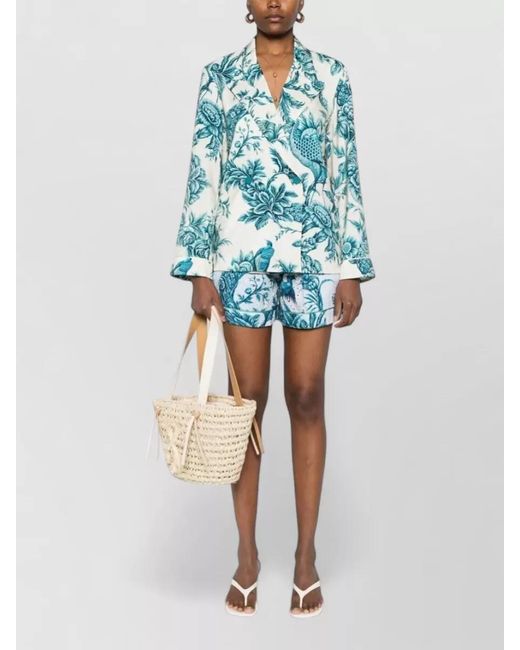 F.R.S For Restless Sleepers Blue Silk Shirt Floral Pattern Notched Lapels
