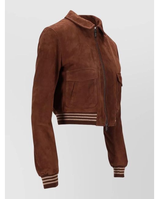 LA ROSE Brown Suede Leather Jacket Collar Pockets Ribbed Trim