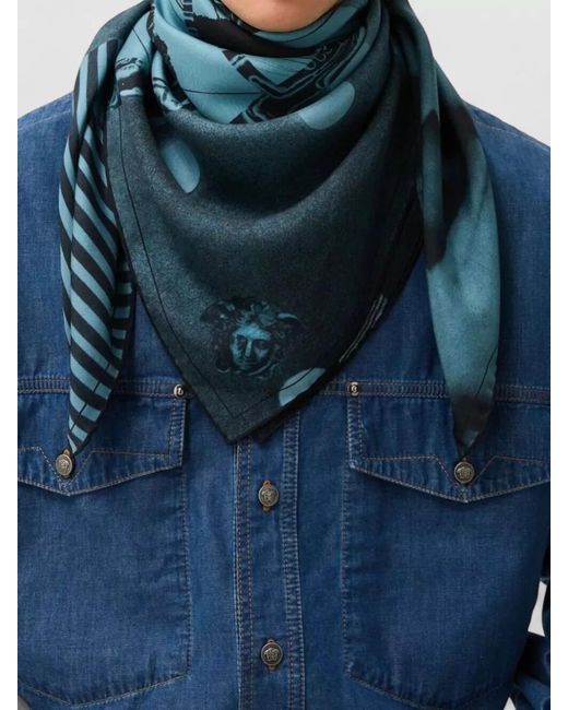 Versace Blue Silk Printed Scarf