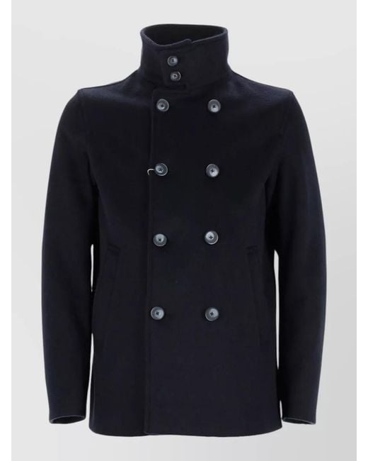 Herno Blue Double Breasted Coat High Collar Pockets for men