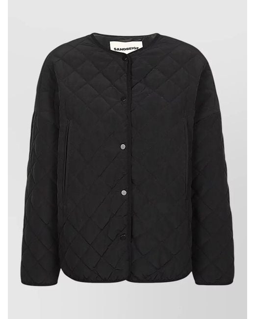 Sandbeige Black Quilted Short Jacket Mandarin Collar