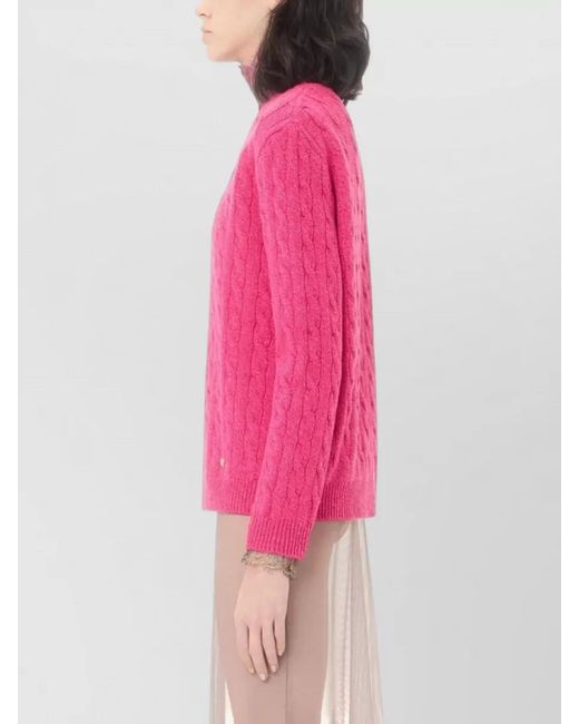 Valentino Garavani Pink Virgin Wool Cable Knit Crew Neck Sweater