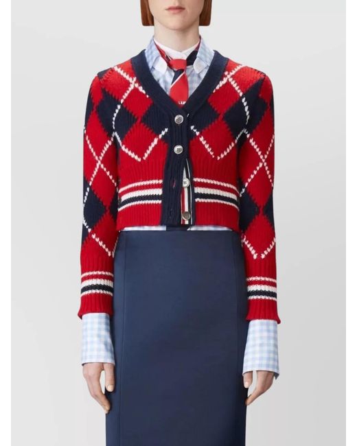 Thom Browne Red Chunky Wool Argyle V-Neck Cardigan