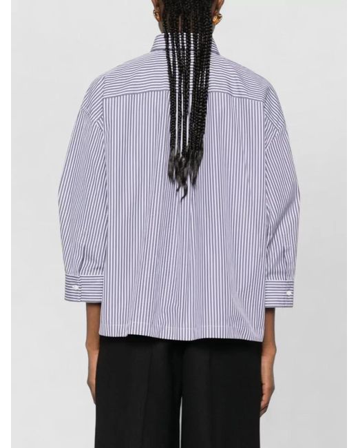 Brunello Cucinelli Purple Longline Cotton Shirt Chest Pockets Stripes
