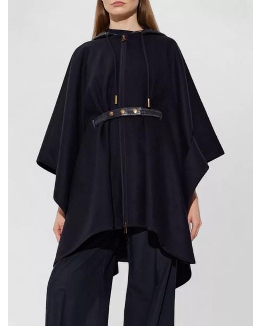 Moncler Blue Hooded Mid Length Cape Loose Fit Buttons