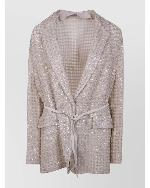 Brunello Cucinelli Gray Longline Tailored Jacket Belted Sequin Lapels