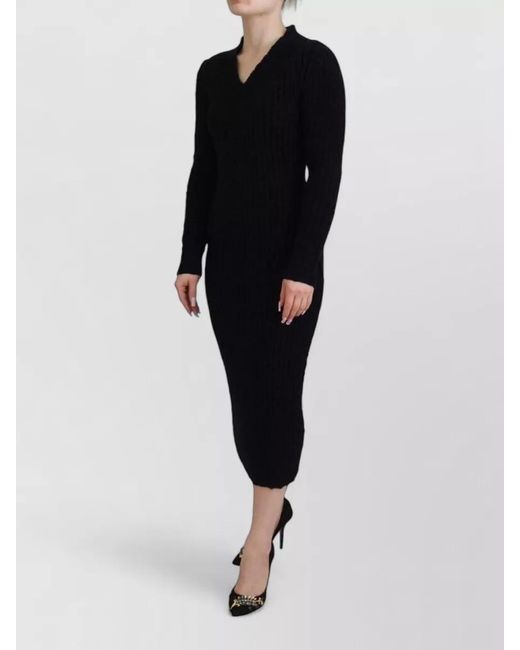 Dolce & Gabbana Black Ribbed V-Neck Long-Sleeve Midi Knitted Dress