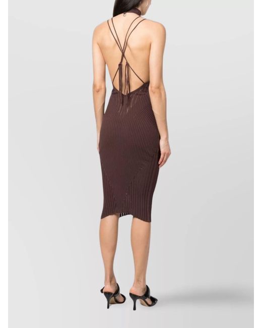 ANDREADAMO Purple Ribbed Halterneck Paneled Knitted Midi Dress