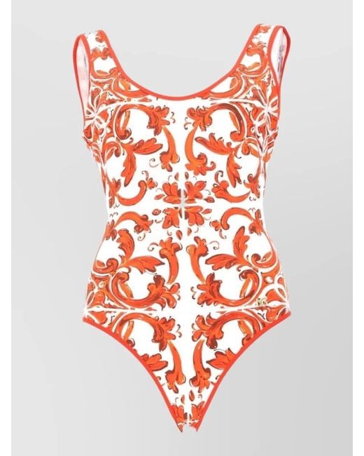 Dolce & Gabbana Red V Neck Floral Stretch Swim Bodysuit