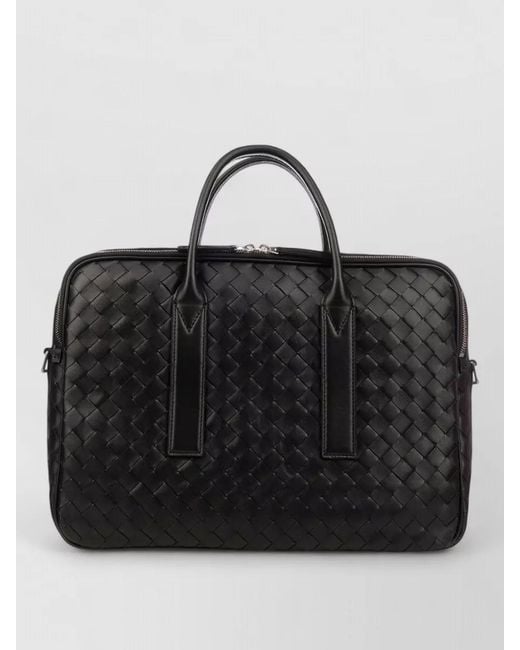 Bottega Veneta Black Rectangular Briefcase Woven Texture Dual Handles Strap for men