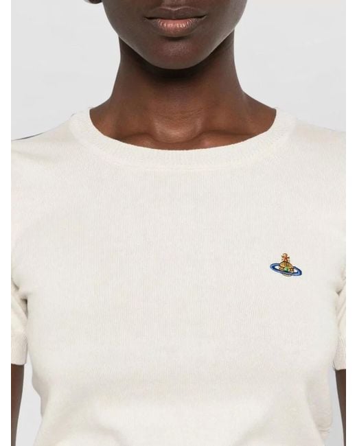 Vivienne Westwood Natural Bea Orb Embroidery Ribbed Short Sleeve Top