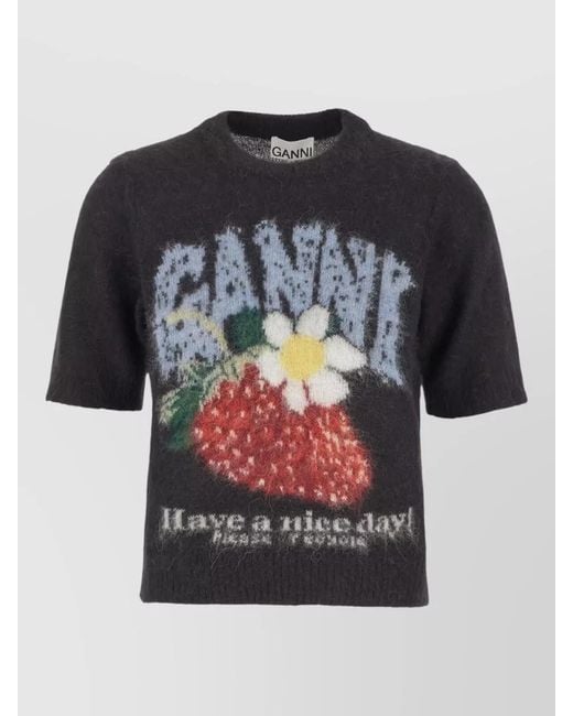 Ganni Black Alpaca Blend Sweater Short Sleeves Crew Neck