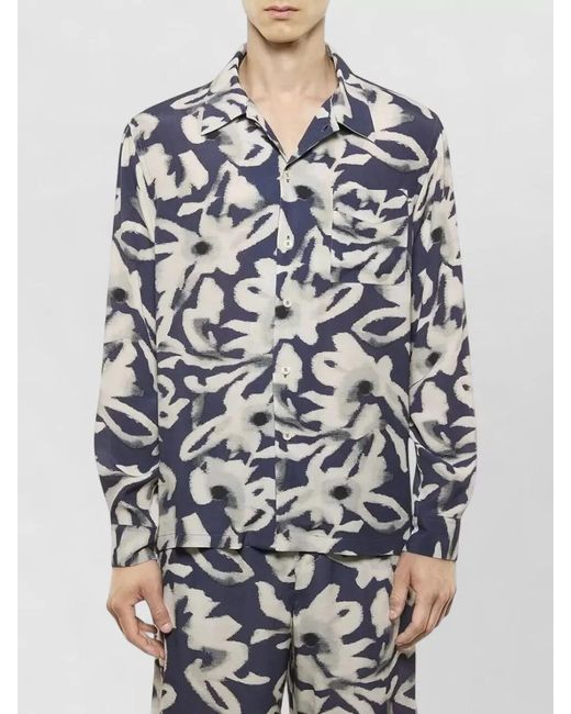 Laneus Blue Relaxed Fit Shirt Printed Collar Pocket for men