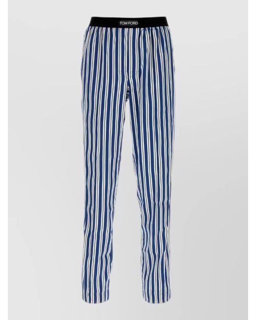 Tom Ford Blue Stretch Satin Pyjama Trousers Striped Waistband for men