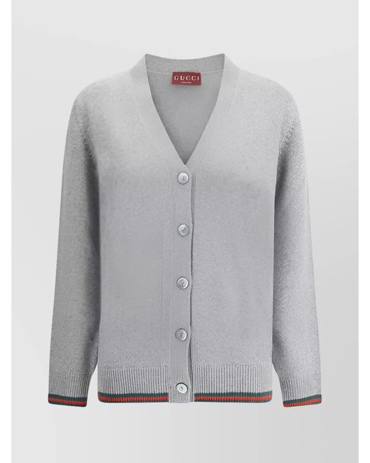 Gucci Gray Cashmere Wool V-Neck Long-Sleeve Cardigan