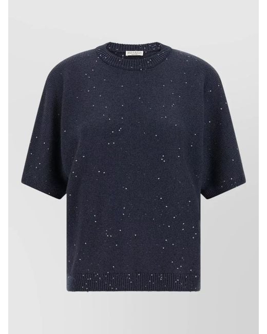 Brunello Cucinelli Blue Diamante Knit Sequin Crew Neck Sweater