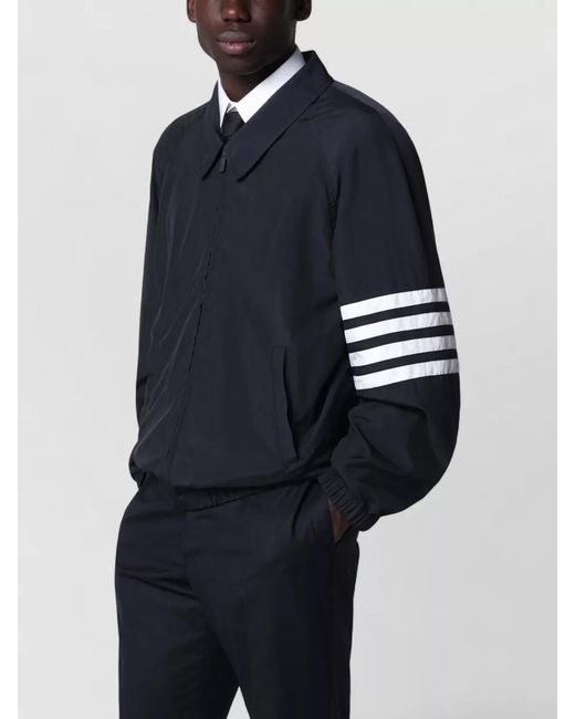 Thom Browne Blue Jacket Elastic Cuffs Front Pockets Striped Sleeves for men