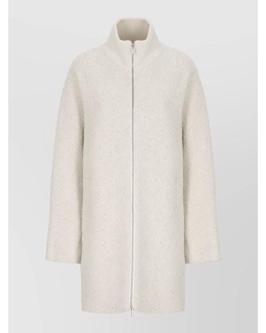 Peserico White Sequin Fabric Jacket High Ribbed Collar