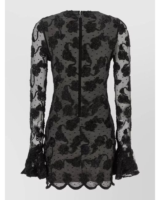 ROTATE BIRGER CHRISTENSEN Black Mesh Dress Floral Embroidery Flared Sleeves