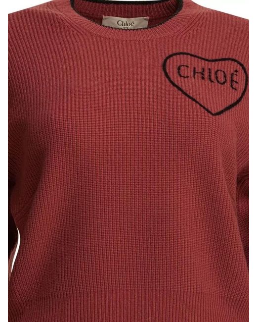 Chloé Red Wool Cashmere Crew Neck Heart Knitwear
