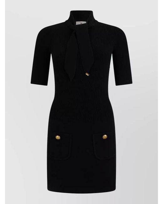 Elisabetta Franchi Black Knit Mini Dress Scarf Collar Detail