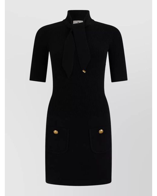 Elisabetta Franchi Black Ribbed Knit Short Sleeve Mini Dress